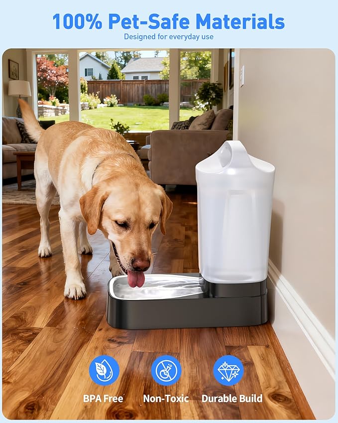 Automatic Dog Water Bowl Dispenser with 4 Filter - 2.4 Gal Large Gravity Auto Pet Water Feeder Waterer with Stainless Steel Bowl & Easy Carry Handle for Large Dog Cat Multi Pet Use