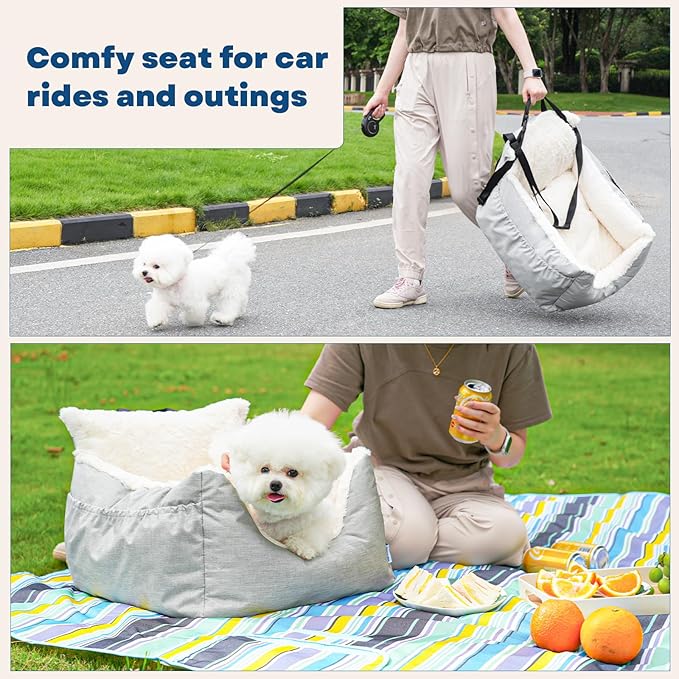 Milk and Soda Small Dog Car Seat Bed for Small Dogs Under 20 LBS with 2-Sided Pillow, Side Pockets, Built-in Leash, Machine Washable Cover (Black, Small)