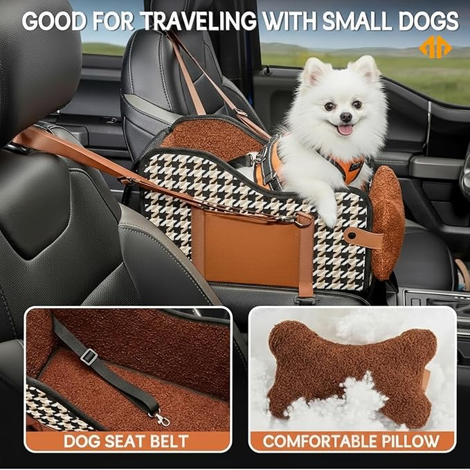Center Console Dog Car Seat,Pet Puppy Car Seat,Middle Console Dog Armrest Booster Seat for Small Dogs;Cats (Orange Houndstooth)
