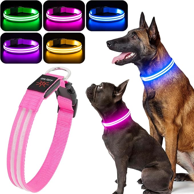 BSEEN Light Up Dog Collar, Glowing LED Dog Collar Rechargeable Lighted Pet Necklace Safety Dog Lights for Night Walking (Pink, Large)