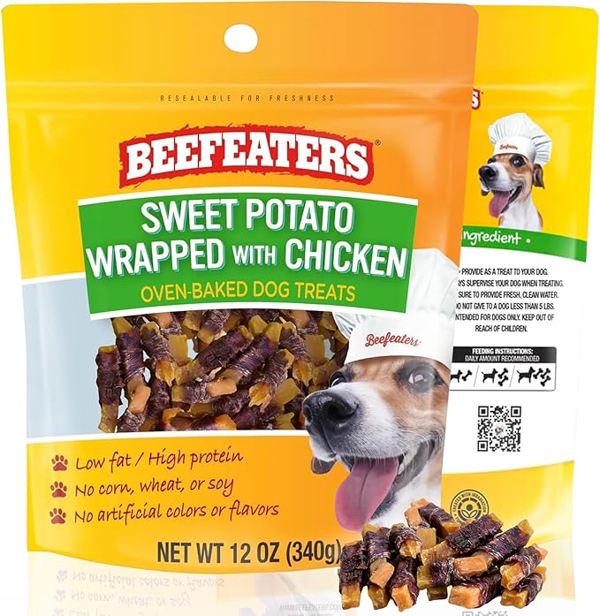 Beefeaters Sweet Potato Wrap with Chicken – Dog Treat. No Corn, Wheat, Soy or Gluten, Low Fat, Whole Muscle Jerky, Ideal for Training & Snacks