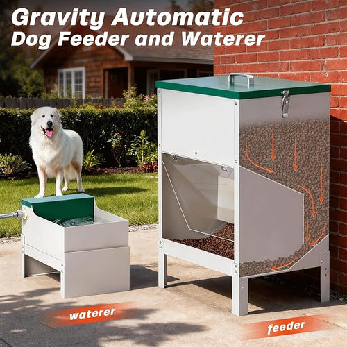 38L Automatic Dog Feeder and 6L Water Bowl Dispenser,Auto Dog Waterer Large Capacity Metal Gravity Dry Food Feeder with 3.94" Stand Outdoor Station for Large Breed Big Dogs Cat Pet