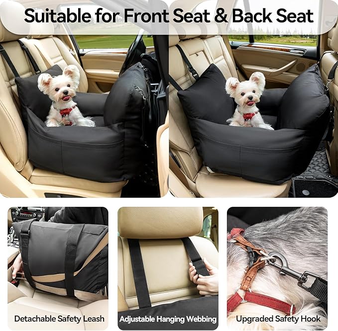 Small Dog Booster Seat - Waterproof Dog Booster Seat for Car with Storage Pockets, Clip-On Safety Leash and Thickened Memory Foam Filling, Puppy Car Seat Do Up to 25lbs, Black