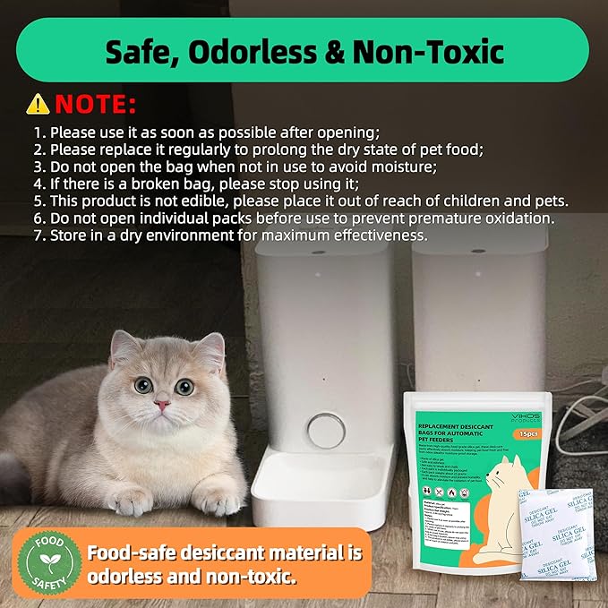 15-Pack Replacement Desiccant Bags Compatible with Pet-Kit & Other Smart Pet Feeders, High Absorbency Food Grade Moisture Absorber for Pet Foods, Keep Food Dry & Fresh