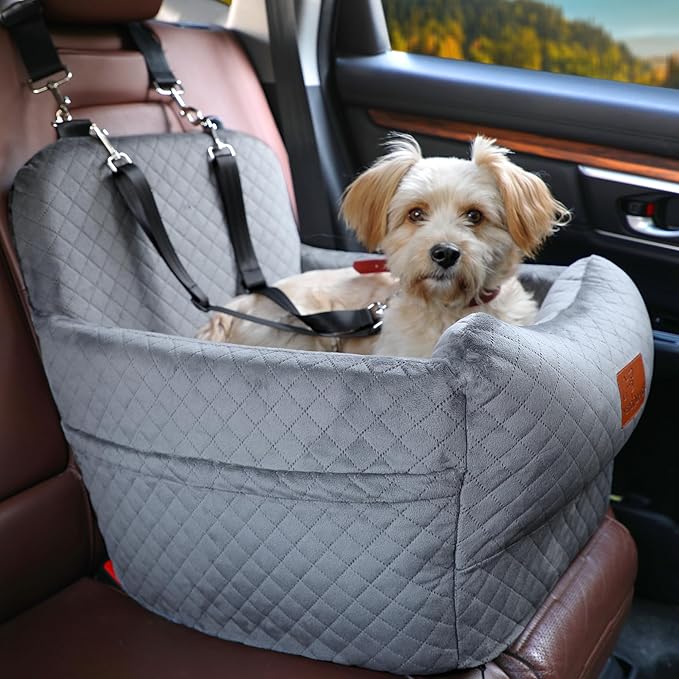 Dog Car Seat for Small Medium Dogs,Portable Pet Booster Seat with Safety Strap & Removable Washable Pad,Memory Foam Dog Travel Bed for Car,SOFE Velvet for Puppies Cats（M-Grey）