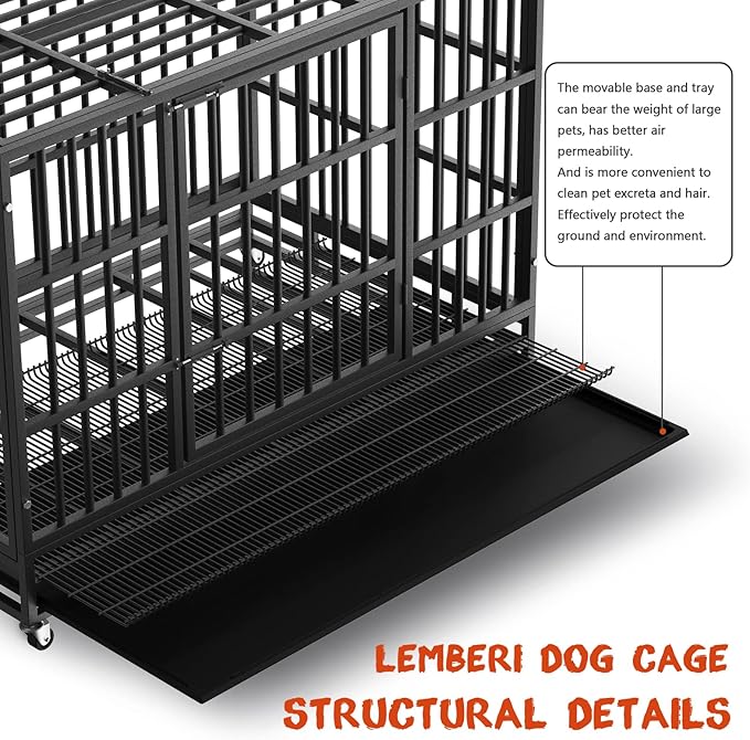 LEMBERI 48/42/38 Inch Heavy Duty Indestructible Dog Crate, Escape Proof Double Door Dog Kennel with Lockable Wheels, High Anxiety Extra Large Dog Cage Indoor Use, with Removable Tray