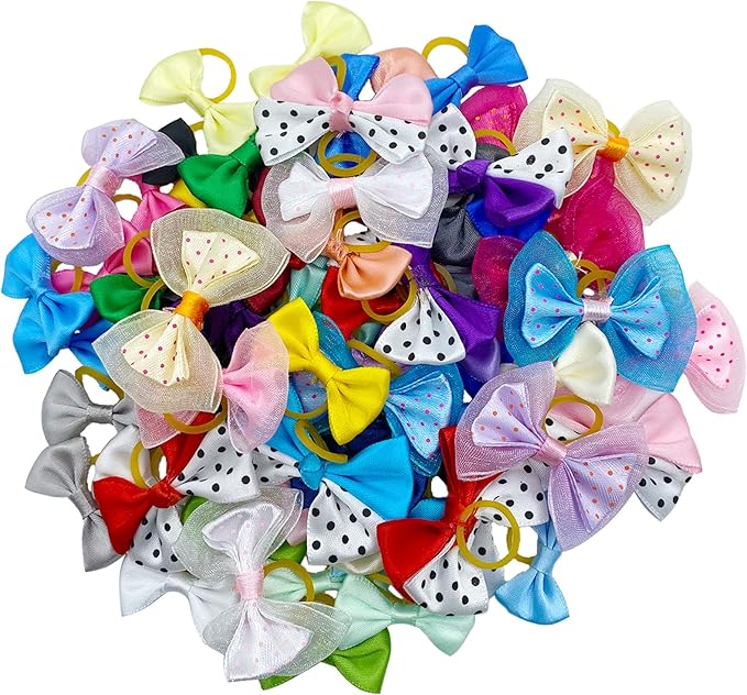 Dog Bows, Cute Hair Bowknot with Rubber Bands Handmade for Puppy Yorkie Grooming Hair Accessories & Varies Patterns Topknot Bows(70 pcs Upgrade Rubber Bands)