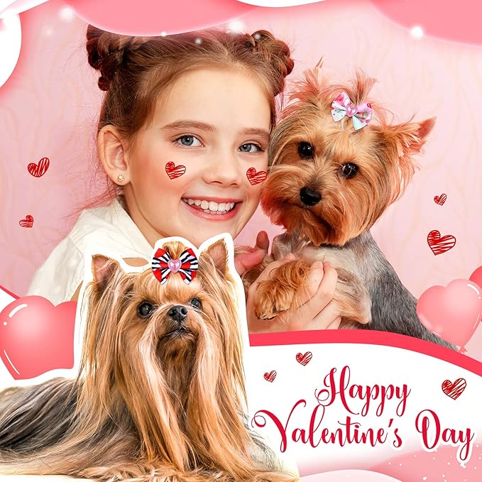Tondiamo 100 Pack Valentine's Day Hair Bows with Rubber Bands Heart Pattern Puppy Bows for Dogs Spring Ear Rhinestone Pet Hair Grooming Accessories for Small Girl Cats