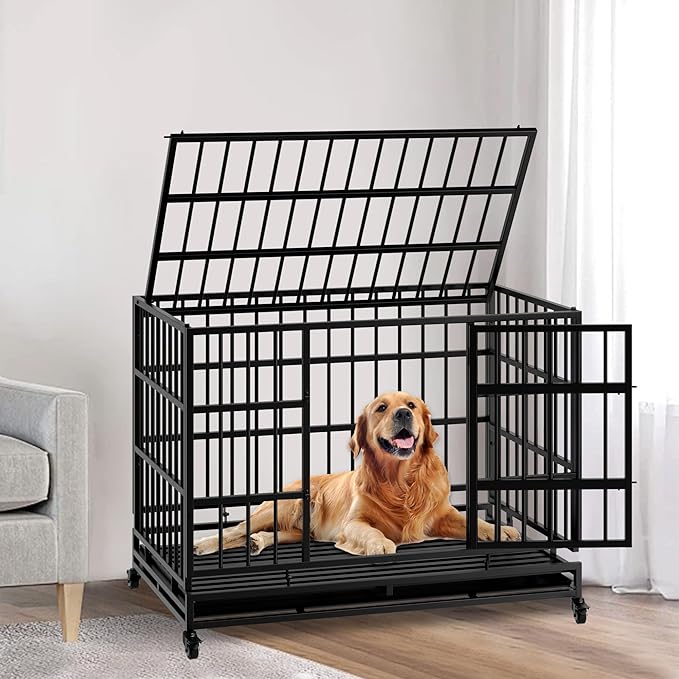 Indestructible Folding Dog Crate with Wheels, 48 Inch Heavy Duty Escape Proof Collapsible Metal Dog Kennel Cage for Large and Medium Dogs, High Anxiety Pet Crate with 2 Door and Removable Tray