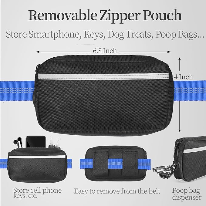 iYoShop Hands Free Dog Leash with Zipper Pouch, Dual Padded Handles and Durable Bungee for Walking, Jogging and Running Your Dog (Large, 25-120 lbs, Royal Blue)