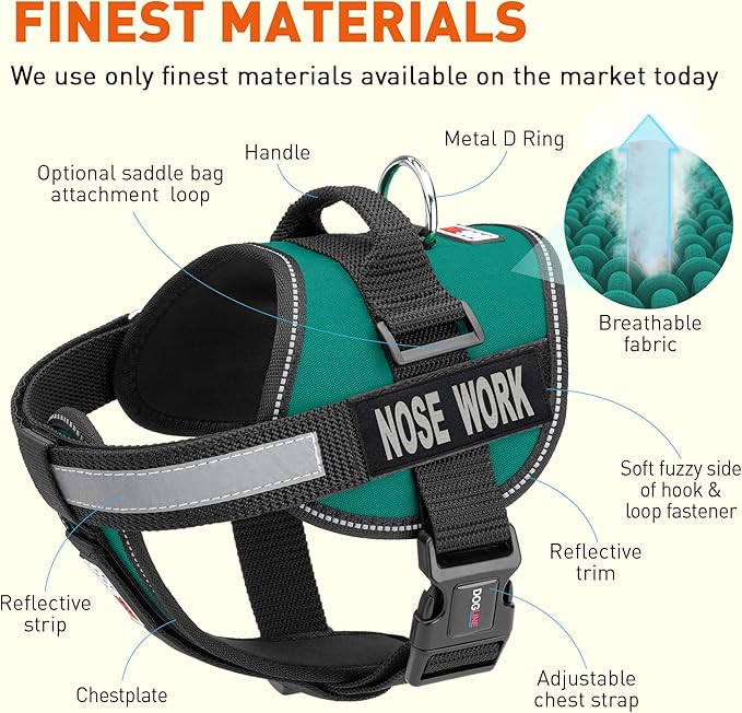Dogline Unimax Dog Harness Vest with Nose Work Patches Adjustable Straps Breathable Neoprene for Identification Training Dogs Girth 22 to 30 in Turquoise