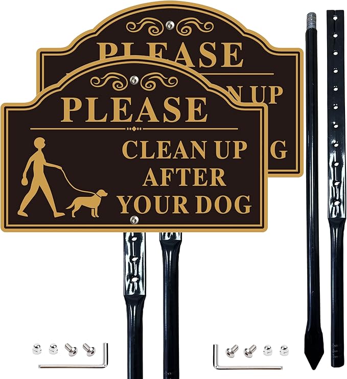 Please Clean Up After Your Dog Sign with 36-inch Metal Stakes, 12”x8” No Pooping Dog Signs for Yard, Aluminum,Rust-Free, 2Pack