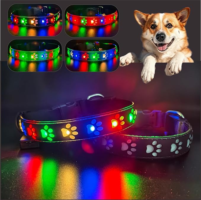 LED Dog Collar with Paw Print Design, 15 Light Modes, Waterproof, Includes Bone-Shaped Name Tag, Multiple Colors (Black Pro, M(11.8-15.7"))