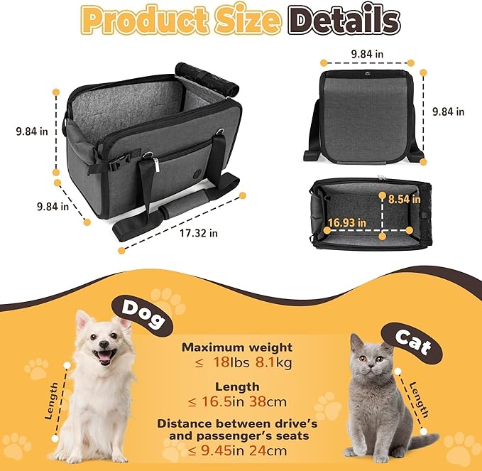 YUDODO Large Dog Car Seat for Center Console (Width＞9.5in) Fits 10-18lbs, Anti-Slip Puppy Cat Travel Portable Booster Seat, Luxury Pet Car Bed Carseat PU Leather Gray