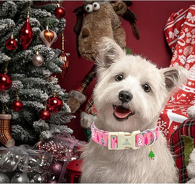 Lionheart glory Christmas Dog Collar, Pink Christmas Tree Fall Cute Dogs Collar Adjustable Soft Comfortable Collars for Small Dogs Girl or Boy Pet Gift