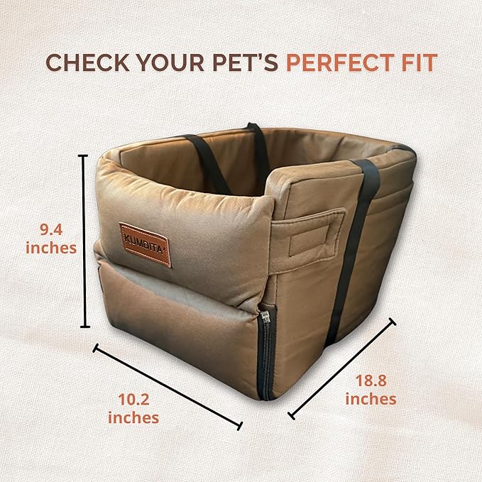 Kumdita' Center Console Car Seat & Carrier for Small Dogs & Cats with Dual Over-Seat Straps, Sewn-in Safety Leash & PE Board Base (Brown)