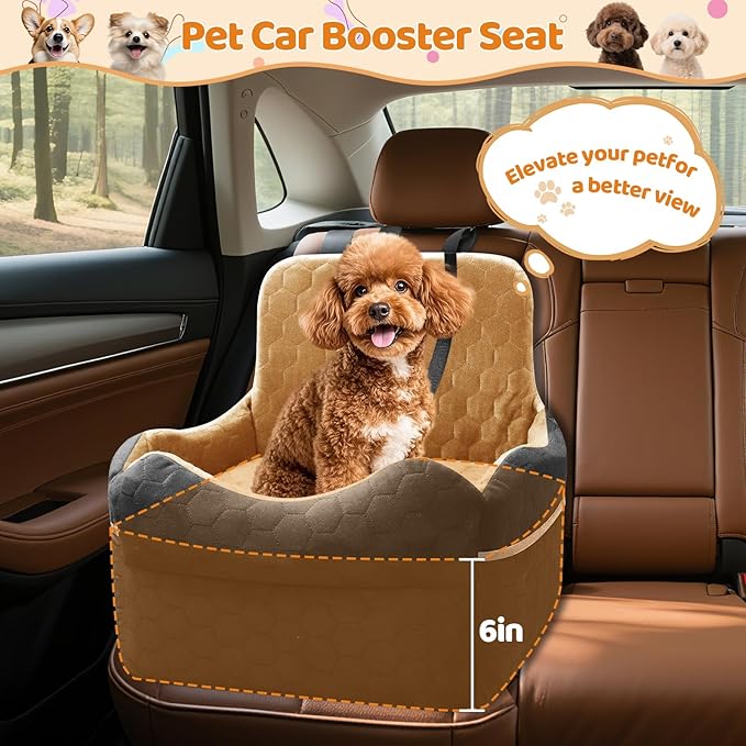 Dog Car Seat for Small/Medium Dogs - Puppy Car Seat Under 35 lbs with Thick Elevated Cushion & Safety Belt for Travel - Detachable & Washable Dog Booster Seat with 2 Sides Storage Pockets(Black/Brown)
