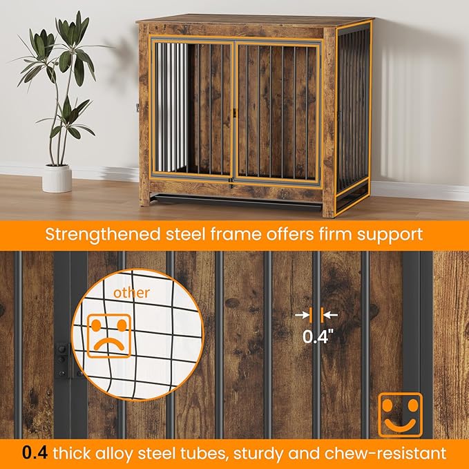 Dog Crate Furniture, 42 InchI ndoor Large Dog Kennel for Medium to Large Dogs Up to 70 LBS, Heavy Duty Wooden Pet Cage End Table with 3 Doors, Alloy Steel Frame & Removable Tray