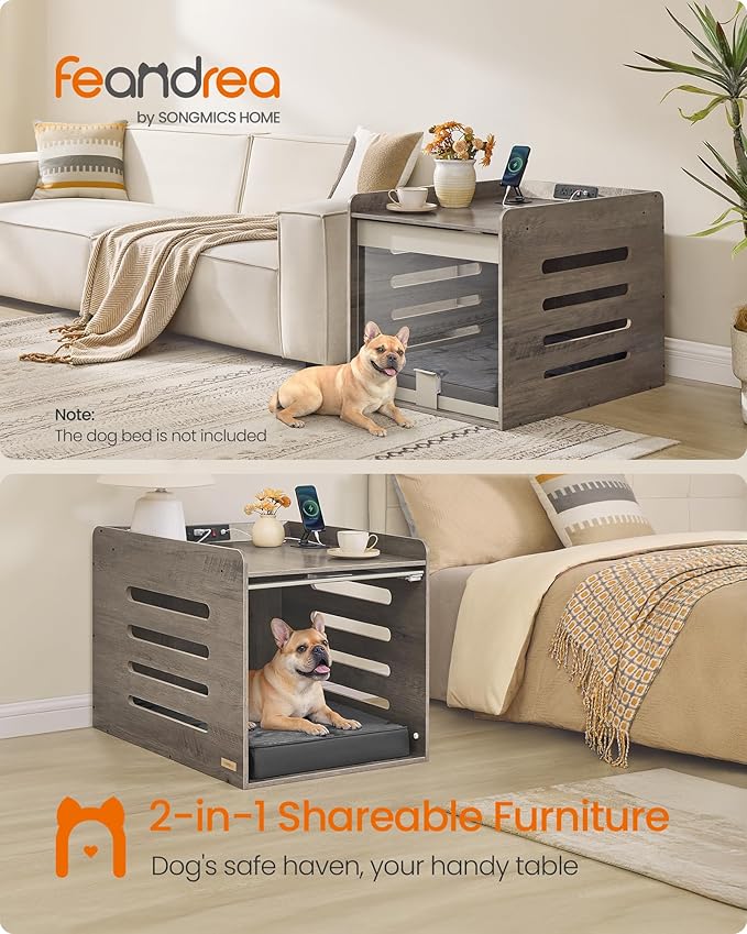 Feandrea Modern Dog Crate Furniture with Charging Station, Kennel Indoor with Flip-up Hidden Acrylic Door, for Small and Medium Dogs up to 45 lb, Side End Table, Heather Greige UPOC021G01