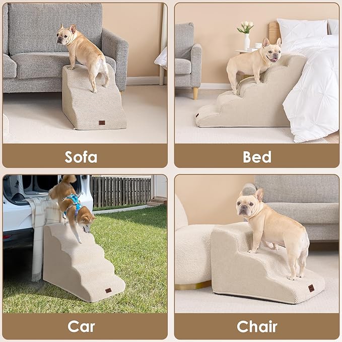 EHEYCIGA Curved Dog Stairs Ramp for High Beds 22.6" H, 5-Step Dog Steps for Small Dogs and Cats, Pet Stairs for High Bed Climbing, Non-Slip Balanced Pet Step Indoor, Beige