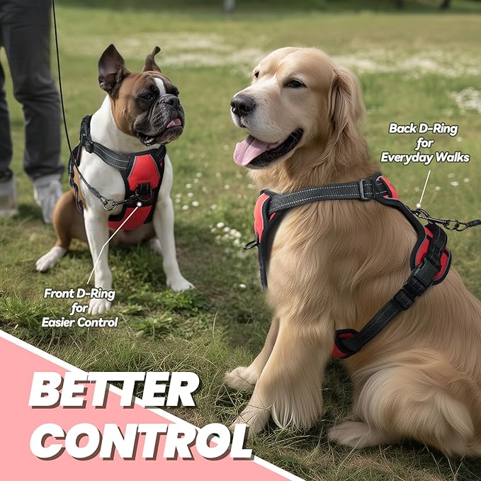 VIVAGLORY Dog Harness Easewalk No Pull Dog Harness with Handle Front Clip & Back Clip for Training Walking Lifting, No Pull Adjustable Easy On Padded Comfortable for Pet, M, Red - Plain