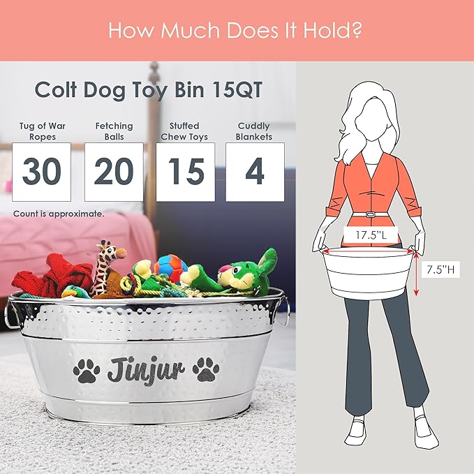 BREKX Personalized Metal Dog Toy Bin - Copper Galvanized Storage Bin with Handles, Basket for Pet Toys, Dog Toy Box, Pet Storage - Custom Dog Name Gift (Medium - Silver)
