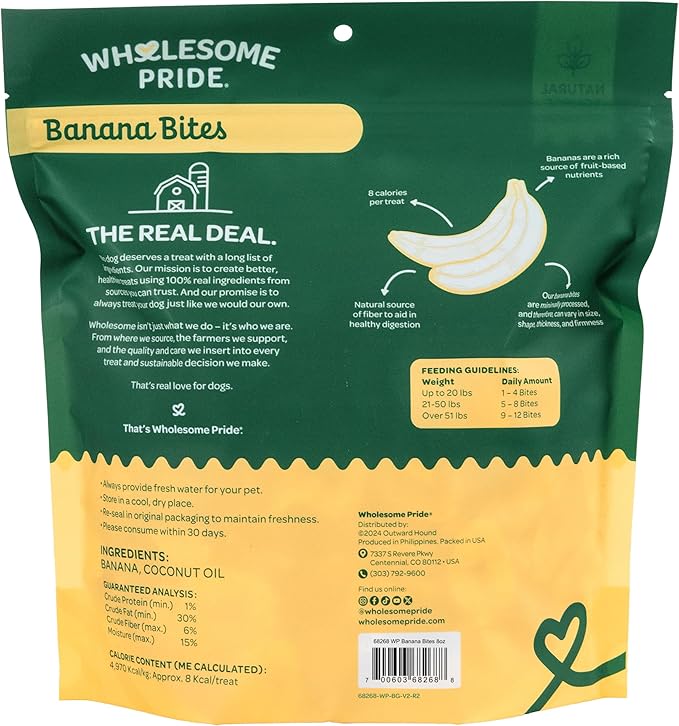 Wholesome Pride Banana Bites Dog Treats – 2-Ingredient Banana Chips for Dogs, Grain-Free, Banana & Coconut Oil, 8 oz