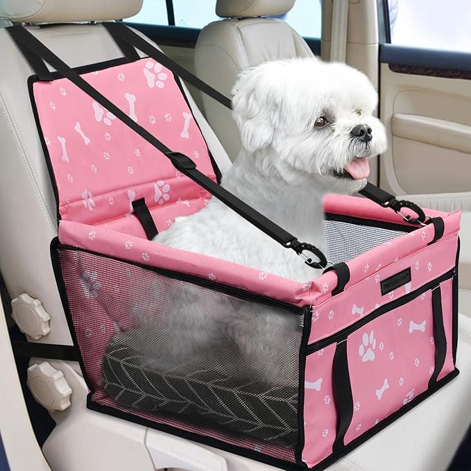PetsHome Dog Car Seat Foldable Dog Car Booster Seat Waterproof Breathable Oxford Travel Bag for Small to Medium Dogs, Puppies, and Pets-Pattern Pink+Mat