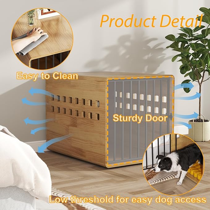 Wooden Furniture Dog Crate for Medium & Small, Solid Wood Puppy Crates for Small Indoor, Decorative Dog Kennel Indoor with Door, Pet House End Table for Bedroom, Living Room, Natural