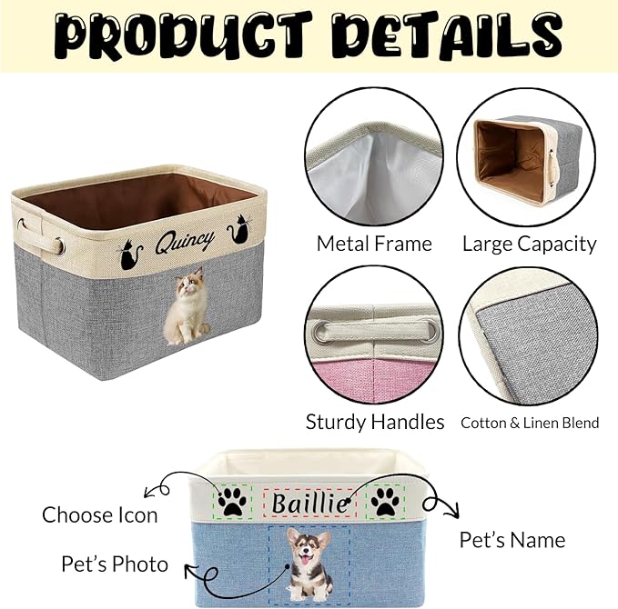 Customized Pet Toy Storage Basket - Personalized Dog & Cat Toy Organizer with Name, Foldable & Durable Fabric Bin for Pet Supplies, Organizer for Toys, Coats, Clothing, Blankets Brown