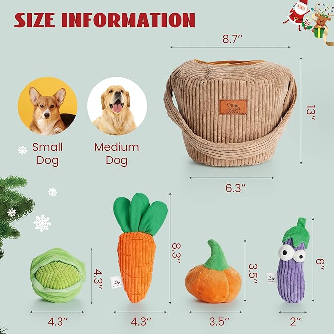 Nocciola Squeaky Fruits Veggies Stuffed Dog Toys Pack- Hide Seek Grocery Basket Crinkle Plush Puppy Toys to Keep Busy, Birthday Pet Supplies Gifts for Small Medium Breeds