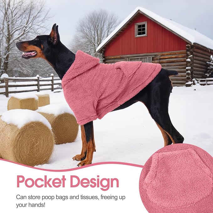 IDOMIK Fuzzy Dog Sweater with Adjustable Hood, Warm Fleece Dog Sweater Hoodie with Harness Hole & Pocket, Pullover Sweaters for Large Dogs, Fuzzy Hooded Sweatshirt for Fall Winter Christmas,Pink,XL