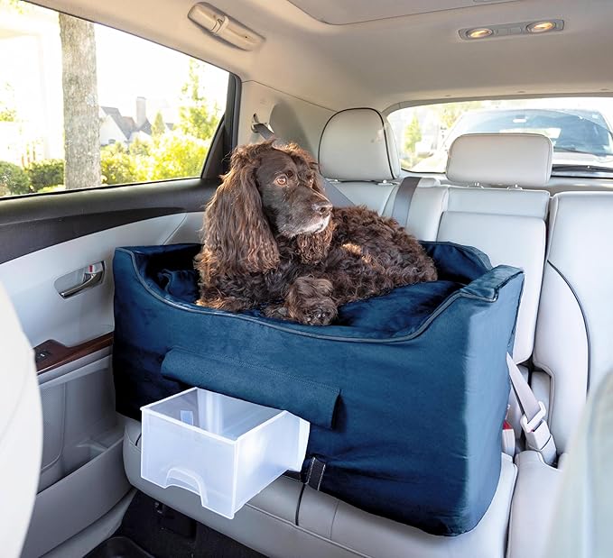 Snoozer Dog Car Seat with Storage Tray: Lookout II Dog Booster Car Seat for Pets up to 34lbs, Helps Alleviate Travel Sickness & Fear for Dogs, Removable Washable Cover – Sapphire, Size Large