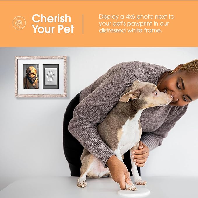 Pearhead Pet Pawprints Wall Picture Frame and Clay Impression Kit - DIY Clay Paw Print, Memorial Keepsake Frame for Cat and Dog, Ideal Home Decor Gift for Pet Owners, 4x6 Photo, Distressed White