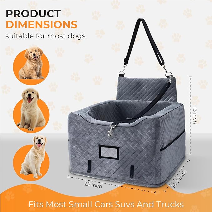 CozyCruiser Dog Car Seat for Small & Medium Dogs – Elevated Booster Seat with Adjustable Safety Leash, Double Seat Belt Protection, Soft Plush Fabric & Storage Pockets – Fits Most Cars, SUVs & Trucks