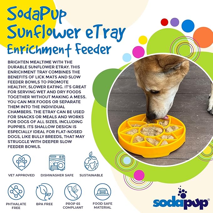 SodaPup Sunflower eTray – Durable Enrichment Feeder Made in USA from Non-Toxic, Pet-Safe, Food Safe Material for Mental Stimulation, Calming, Slowing Down Eating, Healthy Digestion, & More