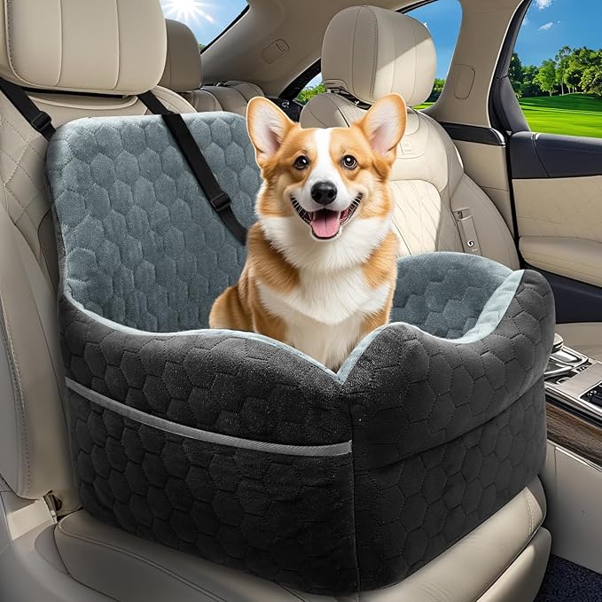 Dog Car Seat for Small/Medium Dogs - Puppy Car Seat Under 35 lbs with Thick Elevated Cushion & Safety Belt for Travel - Detachable & Washable Dog Booster Seat with 2 Sides Storage Pockets(Black/Gray)