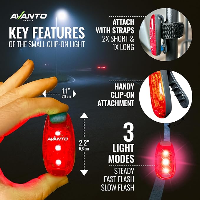 AVANTO Chest Light with (2) LED Safety Clip-Lights for Dog Walking, Night Walks, Biking | Reflective Gear for Walking, Running, Cycling, Strollers, Dogs, E-Bike, Scooters