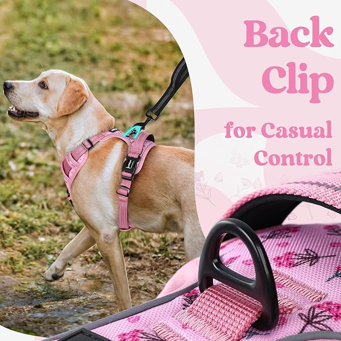 rabbitgoo Dog Harness Medium Sized, No Pull Pet Harness with 3 Buckles, Adjustable Soft Padded Vest with Control Handle, Walking Reflective Pet Vest for Medium Dogs, Floral Pink, M