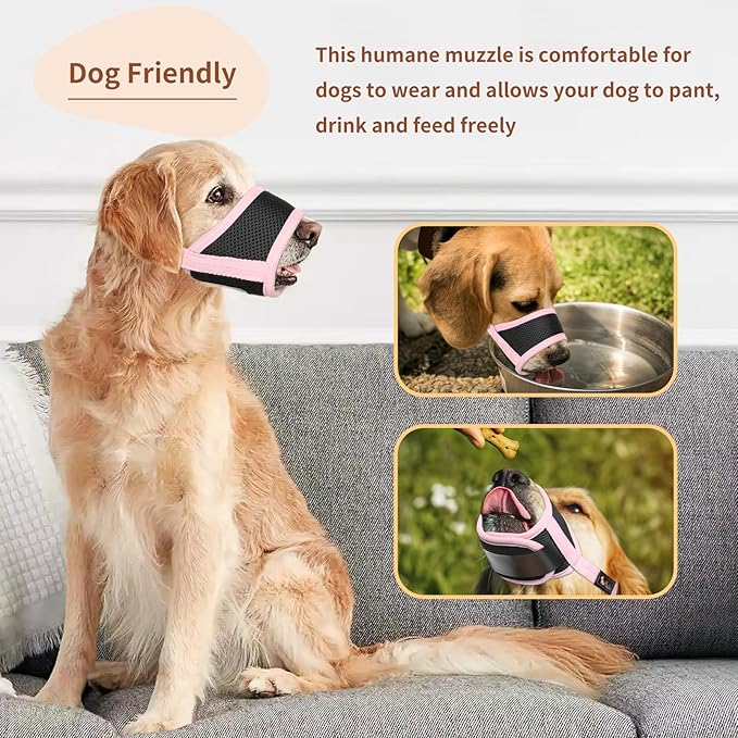 HEELE Dog Muzzle,Soft Nylon Muzzle Anti Biting Barking Chewing,Air Mesh Breathable Drinkable Adjustable Loop Pets Muzzle for Small Medium Large Dogs 4 Colors 4 Sizes (Pink, S)