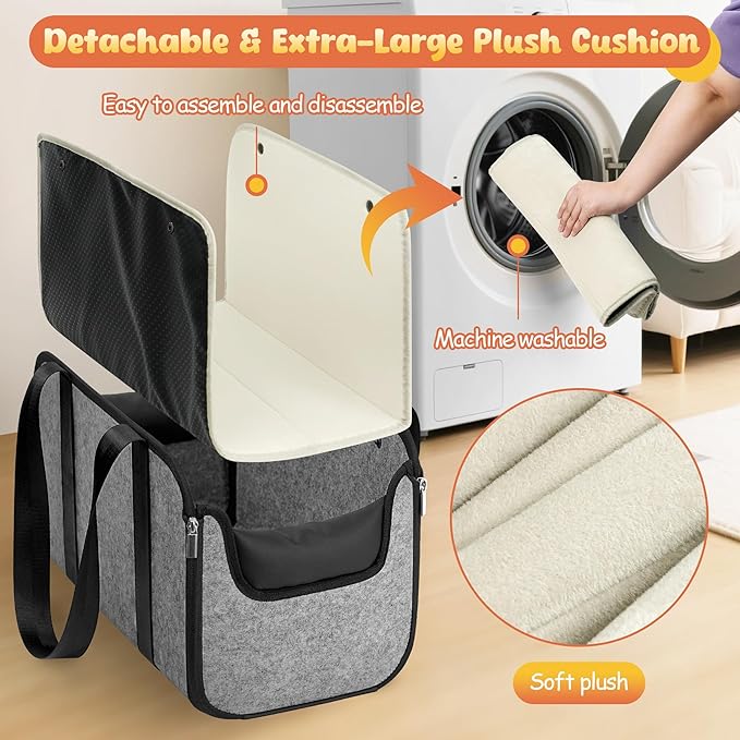 WOYYHO 16 lbs Console Dog Car Seat with Removable Liner, Center Console (Width >9in) Dog Carseat with Front Rear Pillows, Foldable Puppy Car seat with Safety Tether, Stable No Shaking Gray