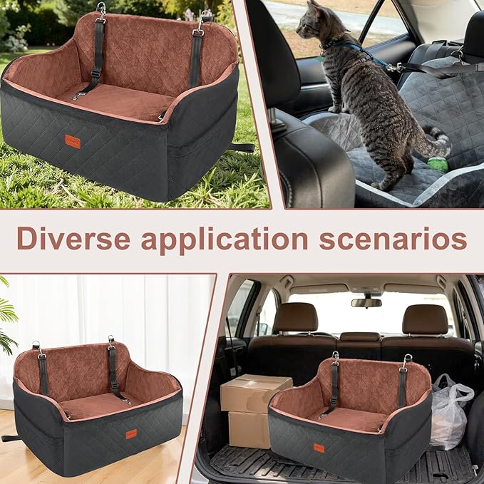 Dog Car Seat for Medium & Large Dogs Under 55 lbs, Memory Foam Dog Booster Seat for Back Seat, Detachable & Washable Pet Car Bed with 2 Safety Leashes and Storage Pockets, Large (Black/Brown)