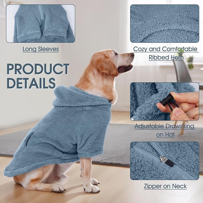 IDOMIK Fuzzy Dog Sweater with Adjustable Hood, Warm Fleece Dog Sweater Hoodie with Harness Hole & Pocket, Pullover Sweaters for Medium Dogs, Fuzzy Hooded Sweatshirt for Fall Winter Christmas,Blue,M