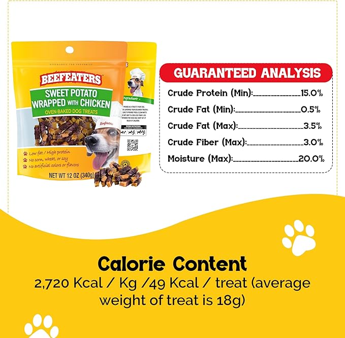 Beefeaters Sweet Potato Wrap with Chicken – Dog Treat. No Corn, Wheat, Soy or Gluten, Low Fat, Whole Muscle Jerky, Ideal for Training & Snacks
