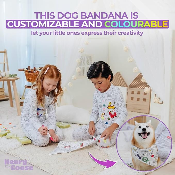 Customizable Dog Bandana with 4 Fabric Markers | DIY Handkerchiefs for Kids & Pets | Washable Scarf for All Types of Breeds | Gift-Ready Accessory (M-L)