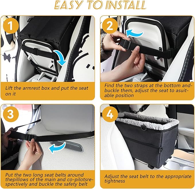 Center Console Dog Car Seat for Small Dogs Pets Under 20lbs with Additional Safety Belt Puppy Rope, Foldable&Washable Car Seats for Dogs with Pocket, Pet Cars Cushion, (Black 17 * 8 * 9inch)