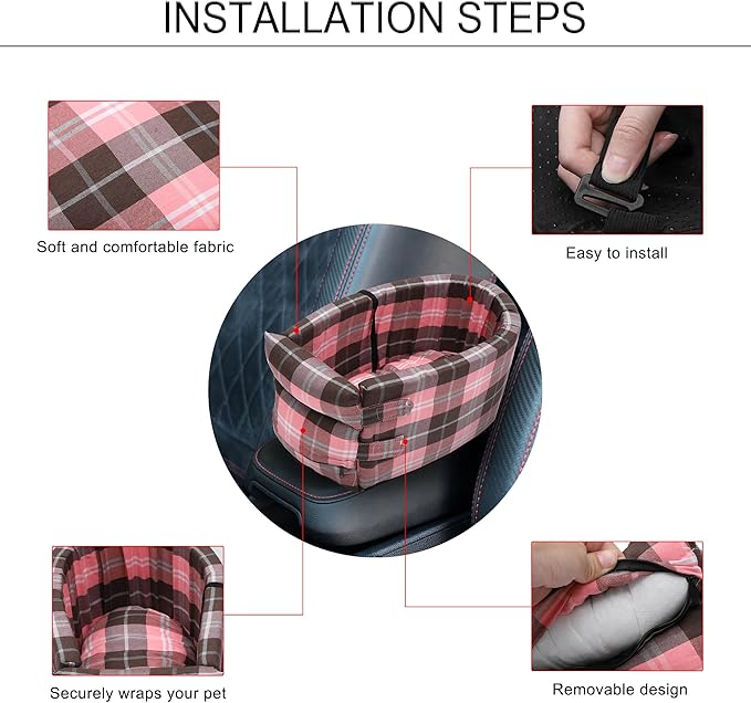 X AUTOHAUX Large Plaid Style Dog Car Seat Adjustable Straps for Medium Small Sized Puppy Cat Seat Pets Soft Non Slip Bottom Travel Bed Gray Pink