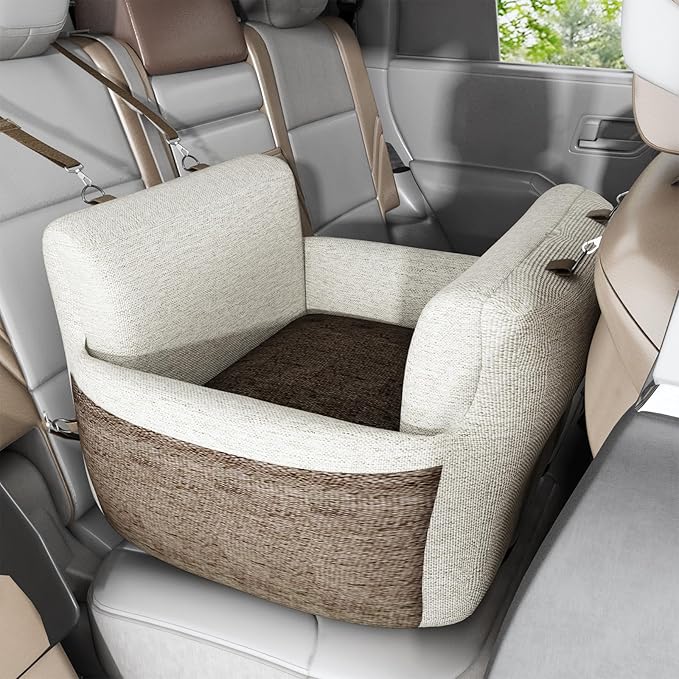 Dog Car Seat for Small Dogs,Waterproof Dog Booster Car Seat with Storage Pockets,Pet Carseat Puppy Travel Carrier Bed,Thickened Memory Foam Filling, Beige & Brown
