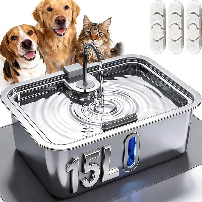 15L Automatic Water Dispenser for Dogs Cats with Silicone Pet Feeding Mat & 3 Filters, Large Capacity Stainless Steel Pet Fountain with Low Water Alert and Quiet Pump