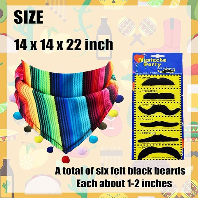 Multicolor Cinco De Mayo Cat Bandana & Dog Triangle Bib - 9 PCS Mexican Pet Bandanna Sunglasses, Sombrero Hat & Mustache Decorations